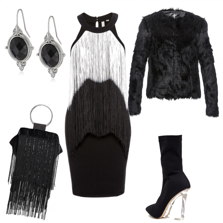 Outfit donna - Frange. Stile Sexy per Serata fuori. Abbinamento con borse a secchiello, giacca, stivali con zeppe e zip a punta, pochette con manico e frange con zip in denim argento, orecchini forma ovale nero.