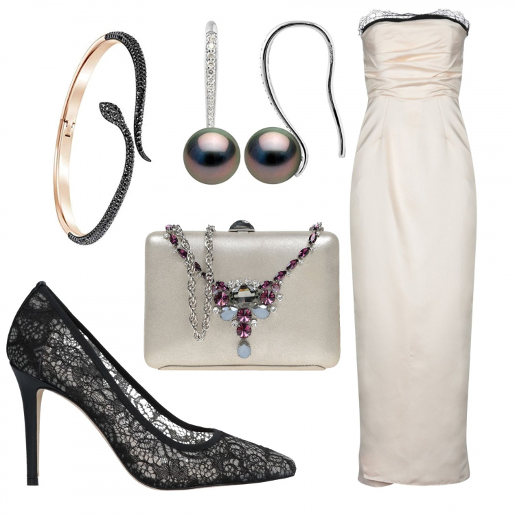 Outfit donna - Penelope. Stile Chic per Cerimonia. Abbinamento con vestito senza maniche, borsa a mano petit con strass effetto laminato a scatto tinta unita, décolleté, orecchini a pendolo con perle in sterling 925 con gancetto argento, bracciale in oro rosa rigido nero.