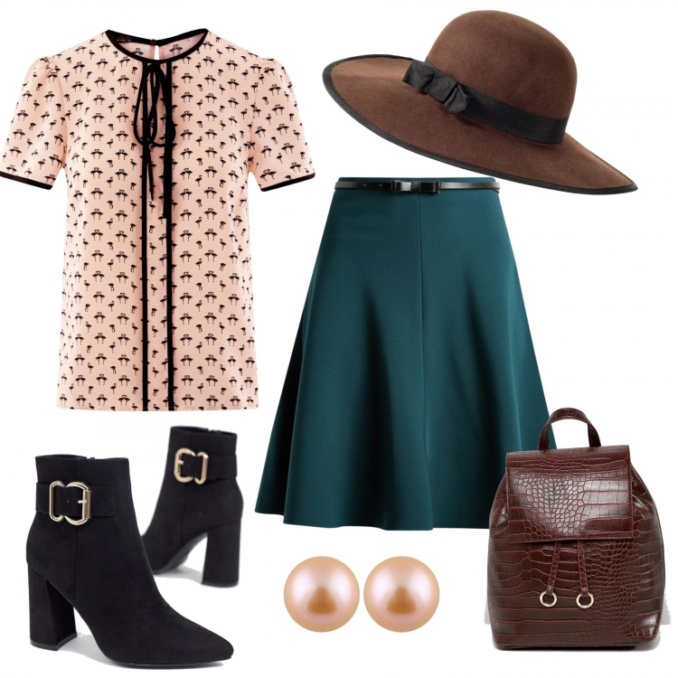 Outfit donna - April low cost. Stile Bon Ton per Scuola/Università. Abbinamento con cappello con fiocco marrone, gonna forma svasata con cintura e cinturino aderente verde, top contrasto con laccetti aderente beige, zaino, stivali con fibbia a punta nero e oro, orecchini in argento 925 rosa.