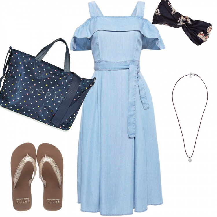Outfit donna - Passeggiata sul molo. Stile Basic per Mare. Abbinamento con borsa blu, vestito blu, cuffia navy, ciabatte glitter beige, collana in sterling 925 argento.