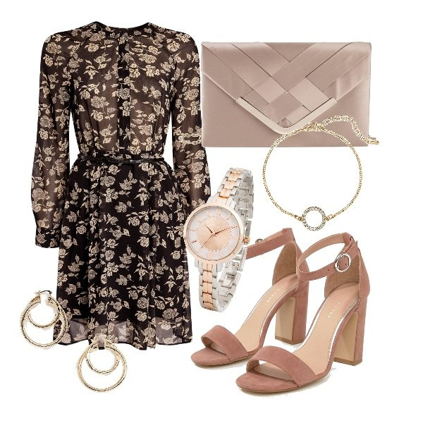 Outfit donna - Nude flowers. Stile Trendy per Ufficio. Abbinamento con gonne, bracciale, orologio, vestito con stampa chiffon con bottoni nero, sandali con tacco largo, orecchini a scatto in denim oro.