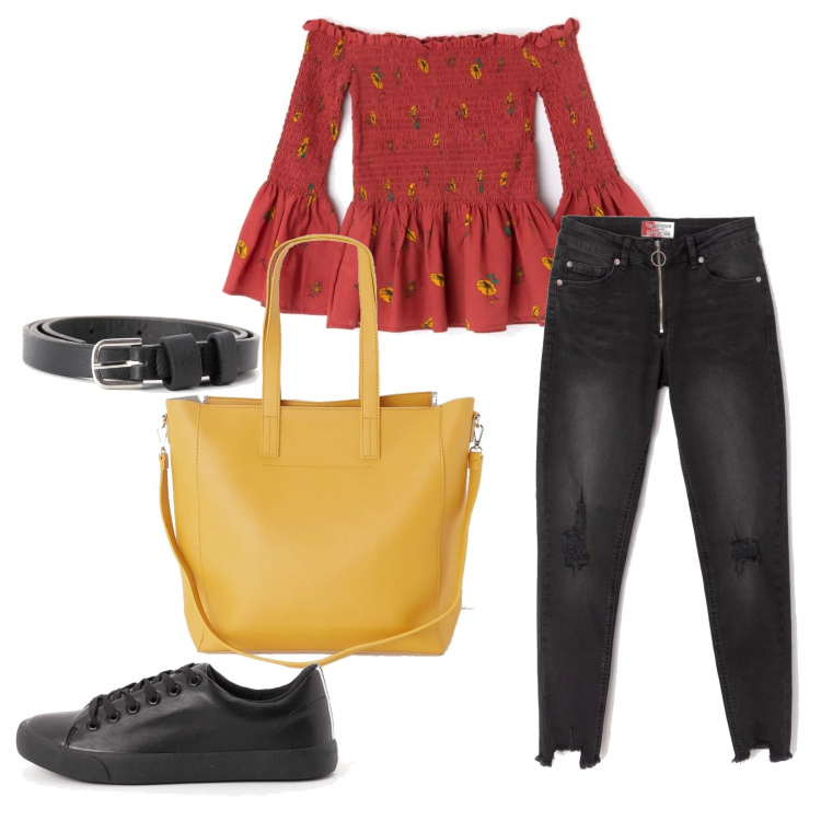 Outfit donna - Maniche a campana. Stile Basic per Tutti i giorni. Abbinamento con jeans skinny in denim nero, blusa a zampa fantasia floreale con scollo, shopping bag con zip in ecopelle tinta unita giallo, ballerine e scarpe flat nero, cintura in ecopelle tinta unita nero.