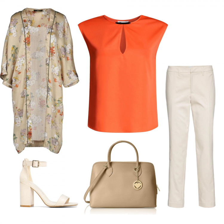 Outfit donna - Aprile #lowcost. Stile Trendy per Tutti i giorni. Abbinamento con pantalone con spacco e zip con gancetto beige, sandali col tacco, soprabito fantasia floreale scollatura profonda a maniche lunghe interno sfoderato in raso monopetto, top a goccia con scollo aderente rosso, borsa a mano beige e grigio.