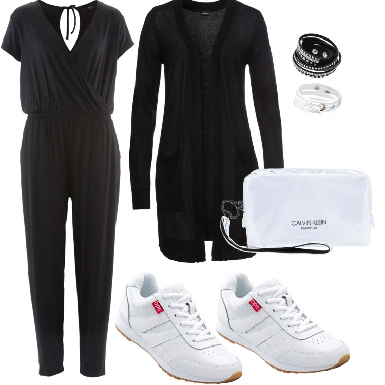 Outfit donna - Eleganza molto casual. Stile Trendy per Tutti i giorni. Abbinamento con sneakers, tute, cardigans, bracciale, borsa a mano petit con manico e zip tinta unita.
