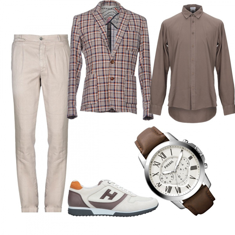 Outfit uomo - In ufficio con stile. Stile Trendy per Ufficio. Abbinamento con camicia senza tasche stile militare con ricamo collo classico a maniche lunghe in cotone tinta unita, orologi.