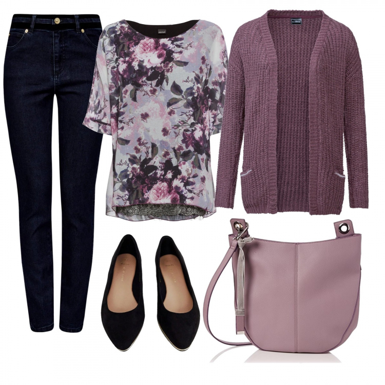 Outfit donna - Un giro in Malva. Stile Bon Ton per Tutti i giorni. Abbinamento con cardigan, tunica con pizzo fantasia floreale, ballerine nero, jeans slim fit in velluto aderente blu, borsa tote nero.