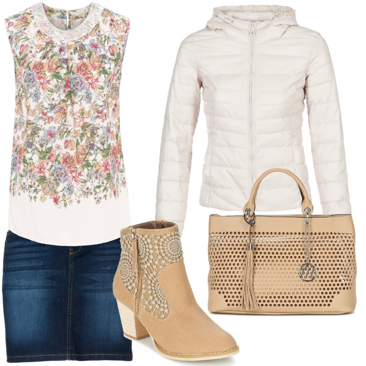 Outfit donna - La gonna di jeans. Stile Bon Ton per Tutti i giorni. Abbinamento con gonne, blusa con pizzo fantasia con scollo senza maniche con pieghe bianco, piumino bianco, borsetta beige, stivaletti beige.