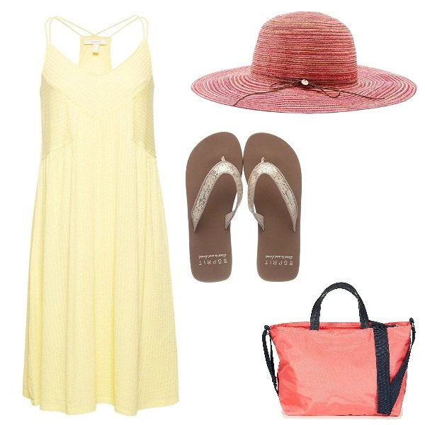 Outfit donna - Summer Esprit. Stile Basic per Mare. Abbinamento con borsa a tracolla rosa, vestito giallo, ciabatte glitter beige, cappello rosa.