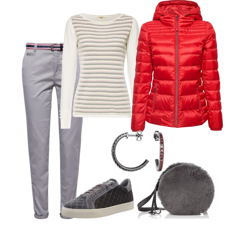 Outfit donna - Gli ultimi freddi. Stile Urban per Tutti i giorni. Abbinamento con giacca rosso, felpa multicolore e bianco, pantalone grigio, scarpe da ginnastica grigio e marrone, orecchini a perno in sterling 925 argento, borsa a tracolla grigio.