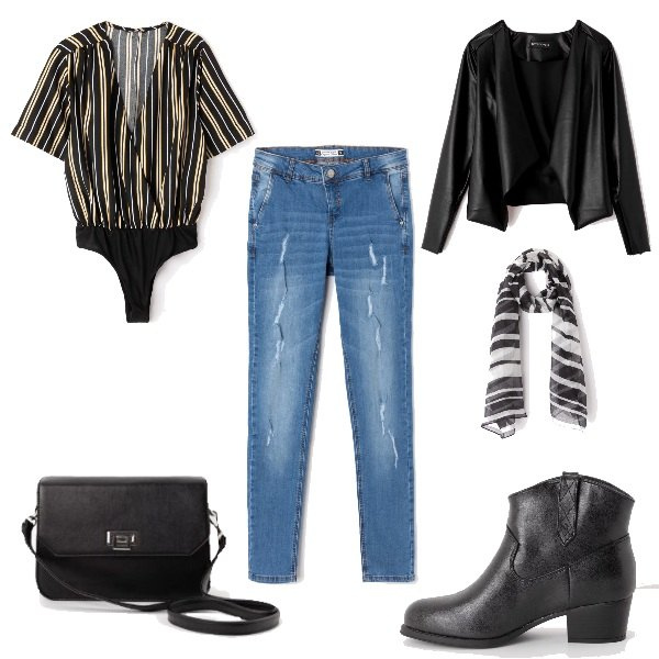 Outfit donna - Be Fashion, Be Terranova.. Stile Urban per Tutti i giorni. Abbinamento con camicia, giacca scollatura in ecopelle nero, jeans skinny in denim blu, stivaletti in ecopelle nero, borsa a tracolla in ecopelle nero, sciarpa a righe bianco.
