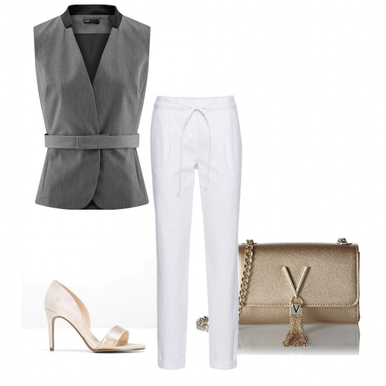 Outfit donna - Look of the day. Stile Basic per Ufficio. Abbinamento con pantaloni, sandali, gilet a panciotto con cintura e scollo grigio, pochette.