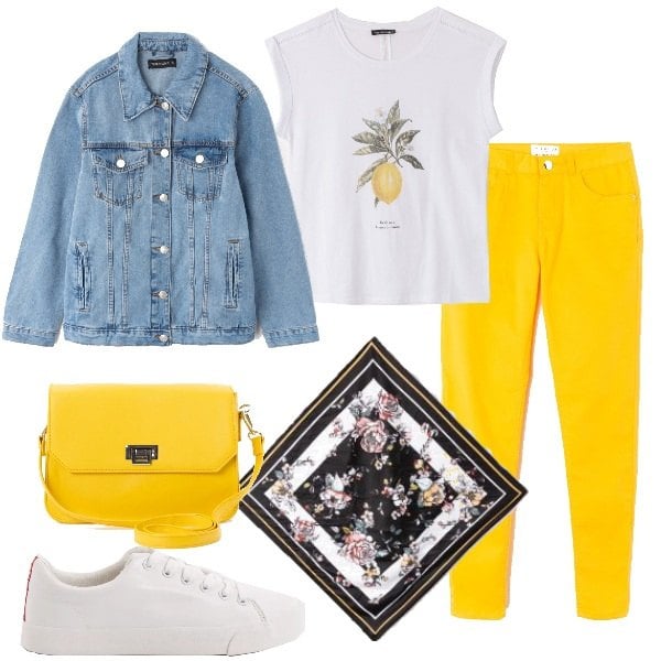 Outfit donna - Giallo limone. Stile Basic per Scuola/Università. Abbinamento con pantalone elasticizzato giallo, borsa a tracolla in ecopelle giallo, t-shirt con stampa girocollo a maniche corte bianco, ballerine e scarpe flat effetto ottico bianco, foulard fantasia floreale nero, giacca jeans in denim blu.