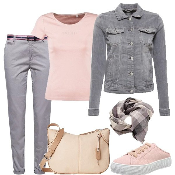 Outfit donna - Rosa sul grigio. Stile Basic per Tutti i giorni. Abbinamento con t-shirt a maniche corte rosa, sabot, pantalone grigio, giacca in denim grigio, borsa a tracolla rosa, sciarpa taglia unica grigio.