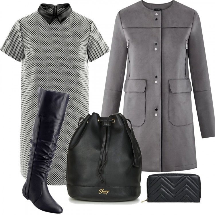 Outfit donna - Grigio e nero. Stile Urban per Scuola/Università. Abbinamento con stivali sopra il ginocchio, borsa nero, vestito mini taglio dritto in ecopelle aderente nero, cappotto con tasche grigio, borsellino con zip e tasca interna nero.