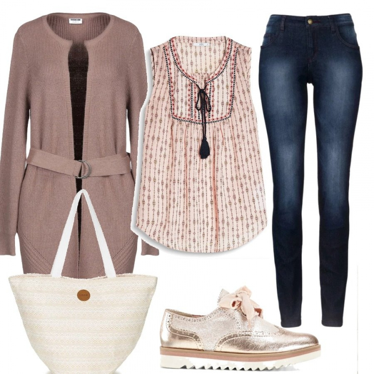 Outfit donna - Blusa e stringate con fiocco. Stile Basic per Tutti i giorni. Abbinamento con jeans skinny, sneakers, cardigan lavorato a maglia, borsa beige, camicia multicolore e bianco.