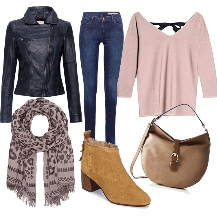 Outfit donna - Casual Roxy. Stile Urban per Tutti i giorni. Abbinamento con stivaletti marrone, felpa con scollo rosa, giacca navy, borsa a tracolla marrone e grigio, sciarpa taglia unica rosa, jeans skinny blu.