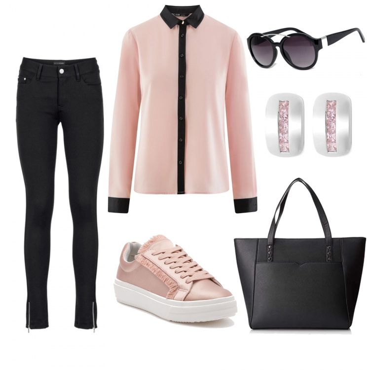 Outfit donna - Rosa cipria. Stile Chic per Scuola/Università. Abbinamento con pantaloni, sneakers effetto metallizzato interno in tessuto con punta tonda, camicetta aderente rosa, borsa tote nero, occhiali da sole oversize lenti scure stanghette sottili protezione dai raggi, orecchini.