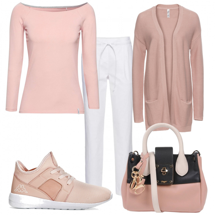 Outfit donna - Basic #5455. Stile Basic per Tutti i giorni. Abbinamento con pantaloni, sneakers, cardigans, borsa a mano mini fantasia con zip in pelle sintetica, t-shirt a maniche lunghe rosa.