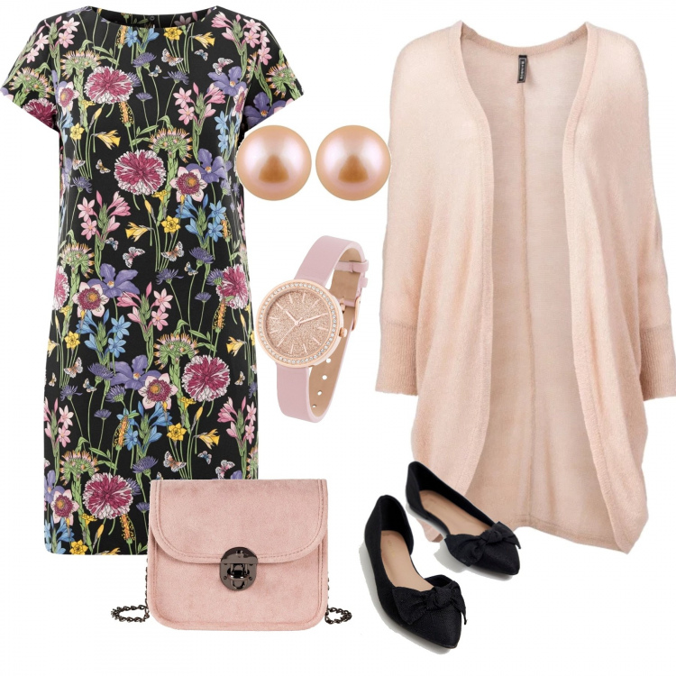 Outfit donna - Pasqua. Stile Bon Ton per Cerimonia. Abbinamento con cardigan oversize, borsa a tracolla, leggings, vestito taglio dritto nero, ballerine con fiocco nero, orecchini in argento 925 rosa.