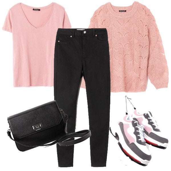 Outfit donna - TERRANOVA Basic. Stile Basic per Tutti i giorni. Abbinamento con sneakers da ginnastica rosa, maglia girocollo a maniche lunghe tinta unita rosa, pantalone skinny vita alta tinta unita nero, t-shirt con scollo a maniche corte rosa, borsa a tracolla in ecopelle nero.