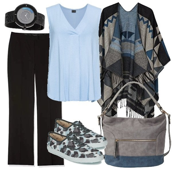 Outfit donna - Curvy Style!. Stile Trendy per Tutti i giorni. Abbinamento con top, borse a mano, orologio nero, scarpe grigio, pantalone bootcut nero, poncio.