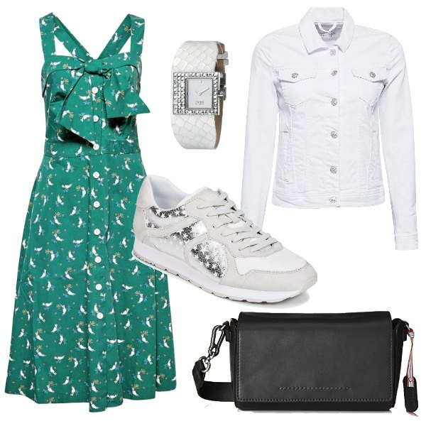 Outfit donna - Basic #5481. Stile Basic per Tutti i giorni. Abbinamento con sneakers, vestito multicolore e verde, orologio bianco, giacca in denim elasticizzato bianco, borsa a tracolla nero.