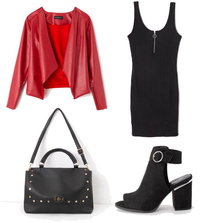 Outfit donna - Serata rock. Stile Rock per Tutti i giorni. Abbinamento con vestito corto con zip nero, giacca scollatura in ecopelle rosso, sabot nero, borsa a tracolla cartella in ecopelle nero.