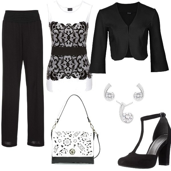 Outfit donna - Aprile Cerimonia low cost. Stile Bon Ton per Cerimonia. Abbinamento con pullovers, pantaloni a palazzo, bolero, scarpe nero, borsa a tracolla motivo decorativo traforato con zip bianco e nero, orecchini in placcato argento.