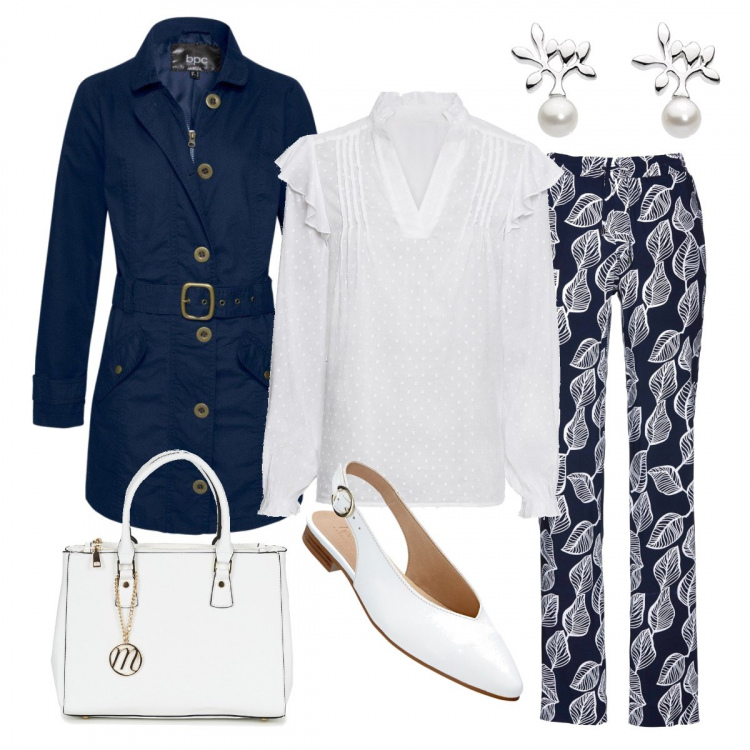 Outfit donna - Un tripudio di bianco e blu. Stile Bon Ton per Tutti i giorni. Abbinamento con pantaloni, trench con zip e tasche, blusa con volant e scollo bianco, ballerine, borsetta bianco, orecchini a perno con perle effetto lucido con farfallina in argento 925 bianco.