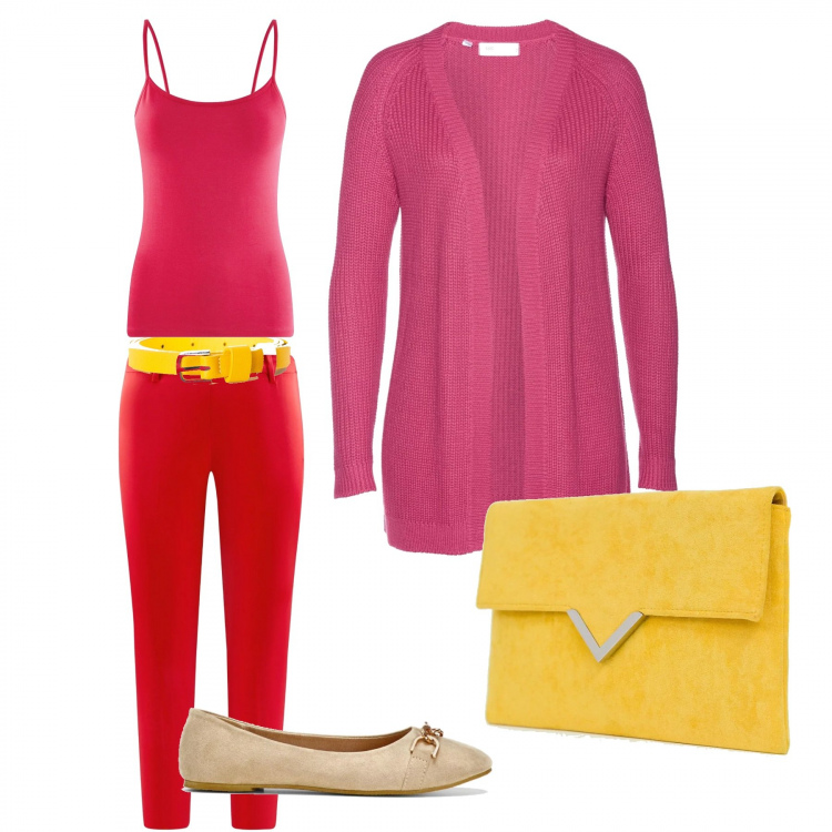 Outfit donna - Total look #260892. per Tutti i giorni. Abbinamento con cardigan fucsia, ballerine, cintura in ecopelle tinta unita giallo, pantalone vita bassa con zip elasticizzato rosso, pochette collo a v con cinturino giallo, top con bretelle in in maglia aderente rosa.