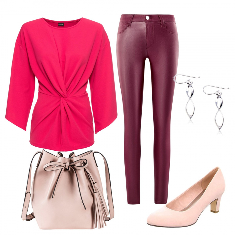 Outfit donna - Trendy #9265. Stile Trendy per Tutti i giorni. Abbinamento con maglia con nodi fucsia, shopping bag, pantalone in denim elasticizzato rosso, scarpe con tacco rosa, orecchini in sterling 925 argento.