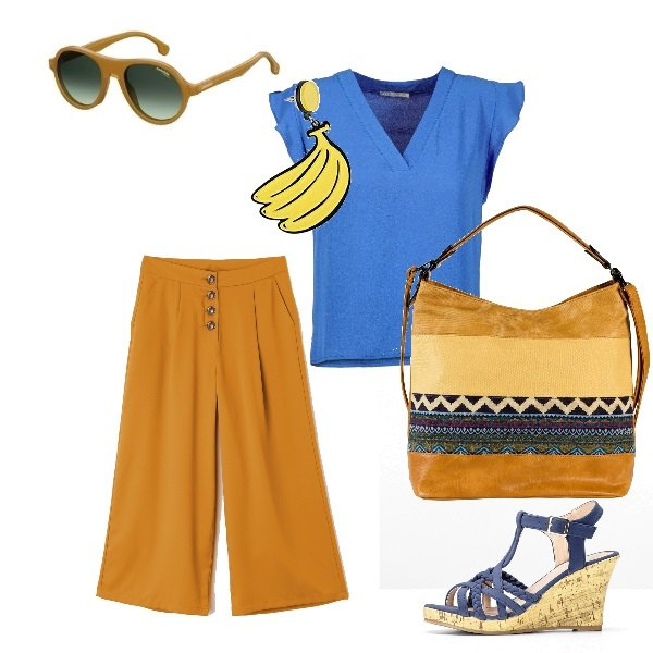 Outfit donna - Pomeriggio estivo con le amiche. Stile Urban per Tutti i giorni. Abbinamento con shopping bag in denim, sandali con zeppe e cinturino blu, pantalone, camicetta blu, orecchini a perno, occhiali da sole unisex-adulto giallo e verde.