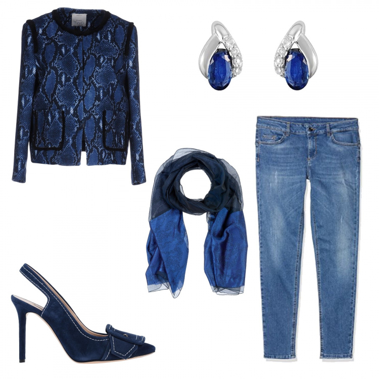 Outfit donna - Bon Ton #4628. Stile Bon Ton per Ufficio. Abbinamento con giacca tweed collo tondo a maniche lunghe interno sfoderato monopetto, stola fantasia effetto acetato in raso crêpe, décolleté slingback effetto scamosciato con tacco spillo a punta tinta unita, jeans skinny blu, orecchini a perno.