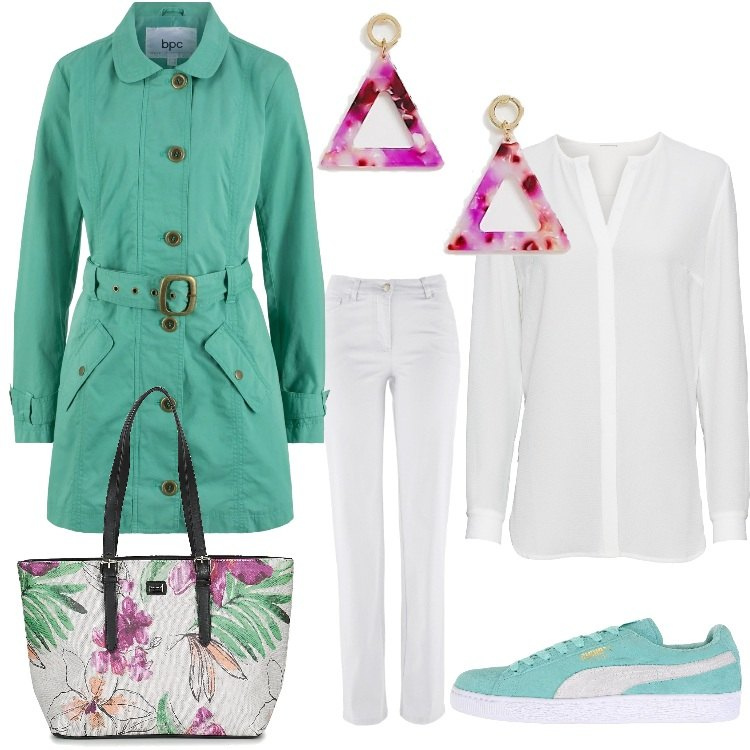Outfit donna - Bianco menta. Stile Basic per Tutti i giorni. Abbinamento con pantaloni, trench, camicia lunga, sneakers, borsa bianco, orecchini pendenti viola.