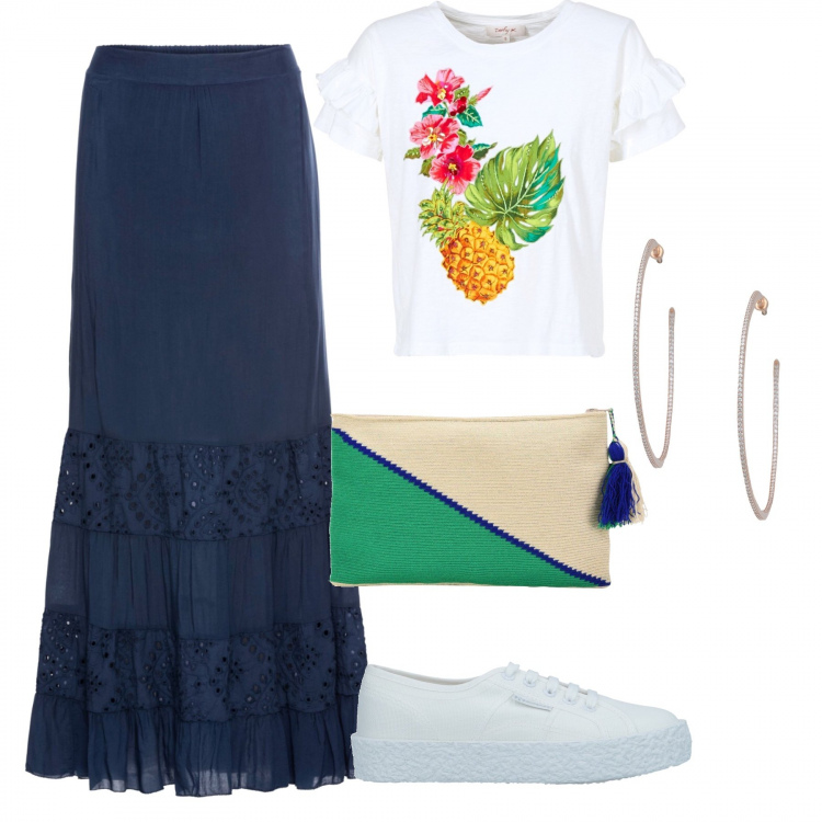 Outfit donna - Scarpe in tela rigorosamente bianche. Stile Basic per Tutti i giorni. look ideale per Petite. Abbinamento con top, sneakers tennis, orecchini, borsa a mano fantasia multicolore taglia media con zip e nappine, t-shirt a maniche corte bianco.