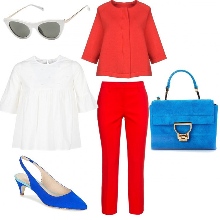 Outfit donna - Bon Ton #4640. Stile Bon Ton per Cerimonia. Abbinamento con pantaloni capri, giubbotto, occhiali da sole in montatura in metallo, camicetta bianco, scarpe blu, borsa a mano mini con manico e zip con tracolla regolabile blu.