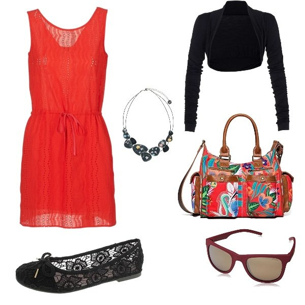 Outfit donna - Focus on Me. Stile Basic per Tutti i giorni. Abbinamento con bolero con arricciature e scollo a maniche lunghe con fasce, vestito corto rosso, borsa a tracolla maxi rosso, ballerine nero, collana, occhiali da sole unisex-adulto rosso.