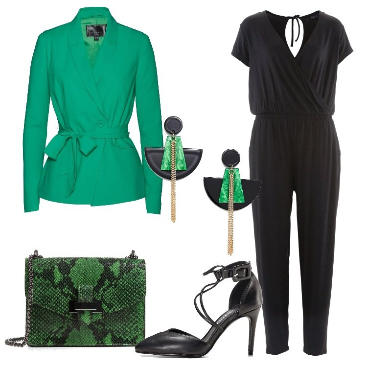 Outfit donna - Verde e nero con carattere. Stile Trendy per Tutti i giorni. Abbinamento con tute, blazer forma asimmetrica con cintura verde, décolleté, orecchini pendenti nero, borsa a tracolla con manico e stampa effetto scamosciato interno foderato made italy verde.