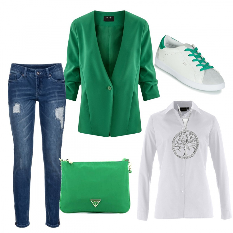 Outfit donna - Il classico...elegante. Stile Basic per Tutti i giorni. Abbinamento con camicie, giacca taglio dritto con zip in denim blu, sneakers, blazer aderente verde, clutch verde, collana in argento 925 ipoallergenico argento e bianco.
