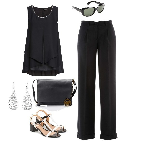 Outfit donna - Total look #261239. per Serata fuori. Abbinamento con pantaloni, bluse, sandali nero, shopping bag nero, orecchini glitter in ottone rodiato, occhiali da sole nero.