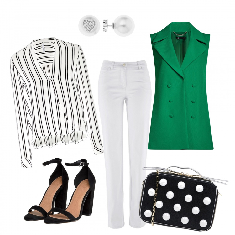 Outfit donna - Low cost green. Stile Basic per Tutti i giorni. Abbinamento con pantaloni, blusa a portafoglio, borsa a mano mini con manico contrasto con zip interno foderato in pelle sintetica tinta unita, gilet a panciotto con bottoni verde, sandali con tacco largo collo aperto in denim nudo, orecchini in argento 925 bianco.