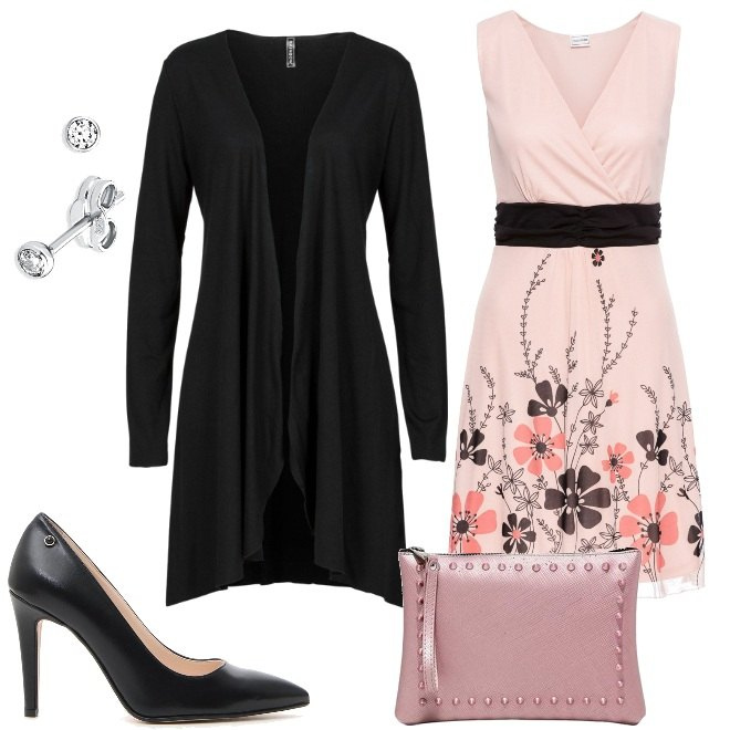 Outfit donna - Chic a piccoli prezzi. Stile Chic per Tutti i giorni. Abbinamento con cardigans, vestito in maglina, décolleté, pochette con borchie taglia media con zip in ecopelle, orecchini effetto lucido argento e bianco.