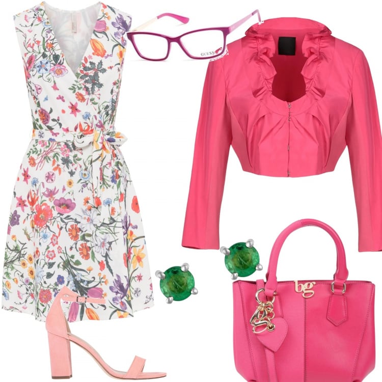 Outfit donna - Fucsia e abitino a fiori. Stile Trendy per Tutti i giorni. Abbinamento con borsa a mano mini con zip in pelle sintetica tinta unita, giacca con balze collo tondo a maniche lunghe interno foderato in raso senza tasche jersey, sandali col tacco, vestito con cintura bianco, orecchini a perno farfallina in oro bianco, montatura occhiali unisex-adulto rosa e fucsia.