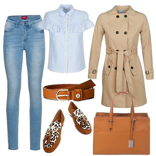Outfit donna - Trendy #9383. Stile Trendy per Tutti i giorni. Abbinamento con jeans skinny blu, trench beige, camicetta blu, mocassini con nappine, borsa a tracolla con zip tinta unita, cintura marrone e nero.