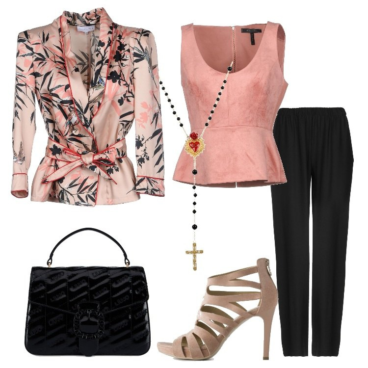 Outfit donna - Trendy alla cerimonia. Stile Trendy per Cerimonia. Abbinamento con giacca senza tasche fantasia floreale scollatura profonda a maniche lunghe interno sfoderato in raso monopetto, top effetto scamosciato scollatura profonda con zip tinta unita, pantalone a sigaretta crêpe, collana in ottone nero, sandali con zip, borsa a tracolla effetto vernice con fibbia e logo.