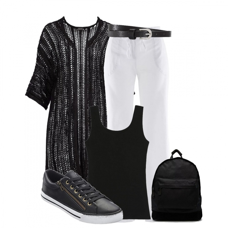 Outfit donna - Classico bianco e nero. Stile Basic Abbinamento con cardigans, pantaloni a palazzo, cinture, sneakers, canottiera con scollo elasticizzato nero, zaino con bretelle a quadri effetto scamosciato con zip e tasca interna nero.