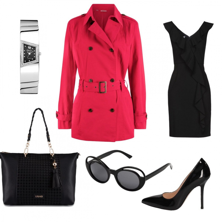 Outfit donna - Sexy #948. Stile Sexy per Ufficio. Abbinamento con trench rosso, vestito corto a tubino con ruches collo a v senza maniche con zip interno sfoderato jersey, occhiali da sole lenti sfumate effetto acetato montatura in plastica, décolleté effetto vernice, shopping bag traforato in pelle sintetica, orologio analogico con cinturino in acciaio inox argento.