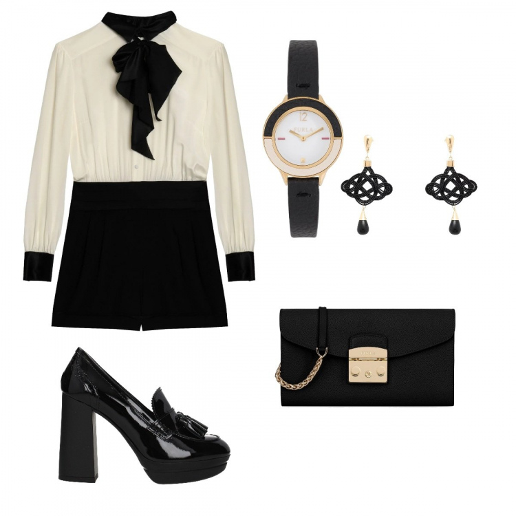 Outfit donna - Urban #3536. Stile Urban per Serata fuori. Abbinamento con salopette fantasia effetto acetato collo classico a maniche lunghe con zip in cady crêpe, orecchini con farfallina in seta oro e argento, décolleté, pochette, orologio.