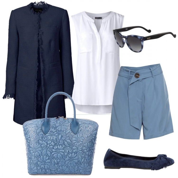 Outfit donna - Con gli shorts in ufficio. Stile Basic per Ufficio. Abbinamento con blazer, pantalone corto con cintura, blusa bianco, borsa a mano con zip in denim con tracolla removibile, ballerine con fiocco maxi effetto scamosciato con zeppe blu scuro, occhiali da sole blu.