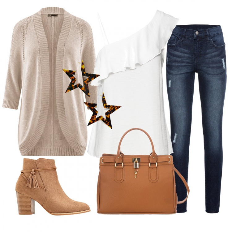 Outfit donna - Giornata casual ma chic !. Stile Basic per Tutti i giorni. Abbinamento con jeans strappati, top monospalla con volant, stivaletti, cardigan manica raglan beige, borsa a mano con zip e tracolla removibile, orecchini farfalla in denim.